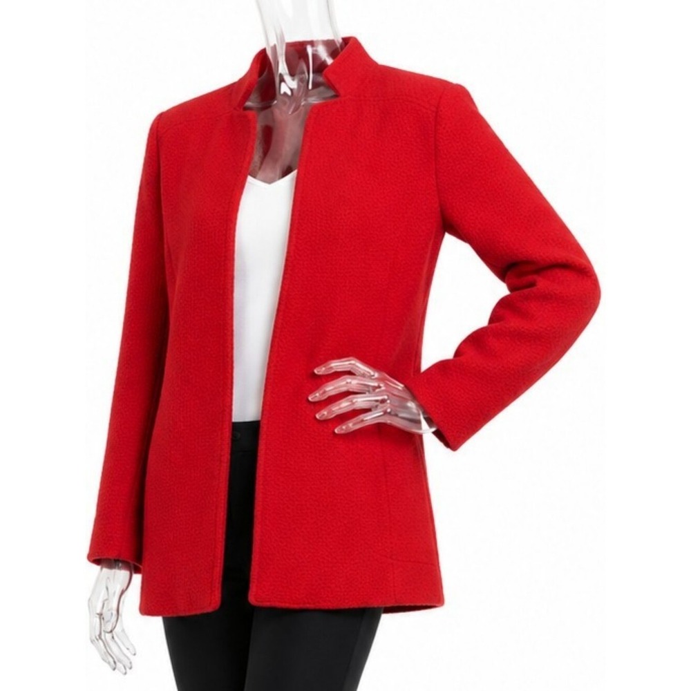 Vibrant Red Boiled Wool Blend Open Front A-Line Blazer Stand Collar SKUW193